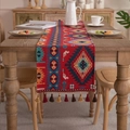Bohemian jacquard table runner with deep red geometric patterns and fringe tassels - 33x45cm / Geometric Red With Red Tassels