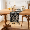 Retro boho table runner with black and white floral jacquard and elegant fringe tassels - 33x350cm / Black Floral (Black Flower With Black Tassels)