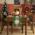 Green Christmas table runner featuring a Santa Claus print and red pompom tassels - Santa Claus With Red Balls / 35*140cm