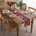 Red Bohemian table runner with geometric jacquard patterns and white handmade tassels - 33x45cm / Geometric Red With Dense Tassels