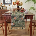 Dark green jacquard table runner with orange floral patterns and colorful fringe tassels - 33x45cm Placemat (Dense Tassels) / Dandelion Green With Green Tassels