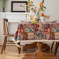 Vintage Bohemian geometric jacquard tablecloth with fringe edge on a wooden table - Light Ethnic with Dense Tassel