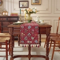 Donkerrode jacquard tafelloper met vintage bloemenpatronen en gekleurde kralenkwasten - 33*350cm / Rode Basis Waaierbloem Met Rode Kwast