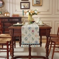 Vintage tafelrunner met floraal jacquardpatroon en blauwe kwastjes in crèmekleur - 33*350cm / Beige Basis Waaierbloem Met Blauwe Kwast