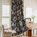 Bohemian black and white floral curtain with beige tassel trim in a bright cozy room - Yarn-dyed Black Flowers + Tassels (with Handle) / Custom Size (Contact for Price)