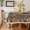 Bohemian geometric jacquard tablecloth with colorful patterns and white tassel fringe - Blue Patchwork with Dense Tassel