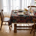 Bohemian jacquard tablecloth with colorful geometric patterns and cream cotton tassels - Dark Ethnic with Dense Tassel