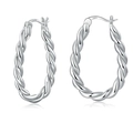 Macro detail of S925 sterling silver twisted rope oval hoop earrings with hallmark - Plain Silver Twisted Style / Silver