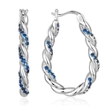 Macro view of S925 sterling silver twisted hoop earrings with navy blue zircon inlays - Silver Deep Blue Rhinestone Style (YIE218-ABU)