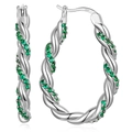 Macro detail of silver twisted hoop earrings with green zircon stones and S925 hallmark - Silver Green Rhinestone Style (YIE218-AGN)