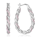 Macro shot of silver twisted hoop earrings with pink zircons and S925 hallmark - Silver Pink Rhinestone Style (YIE218-APK)