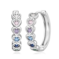Silver-plated heart hoop earrings with multi-color cubic zirconia set in vertical rows - Multicolored Heart Style (YIE229-A)