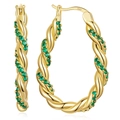 Twisted gold hoop earrings with green zircon stones in polished S925 sterling silver - Gold Green Rhinestone Style (YIE218-BGN)