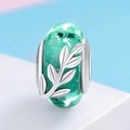 S925 sterling silver charm with green glass bead and leaf relief for DIY bracelets - Green Leaf Style (SCC863)