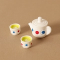 Miniature dollhouse tea set with polka dot teapot and two green tea cups - Teapot x1 + Full Cups x2