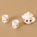 Miniature dollhouse white teapot and cups set with red and blue embossed dots - Teapot x1 + Empty Cups x2