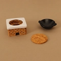 Miniature dollhouse kitchen set with red brick stove, black wok and wood grain lid - Stove With Double-Ear Pot