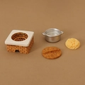 Miniature kitchen stove set with brick pattern, metal pot and lid for dollhouse decor - Stove With Round Noodles