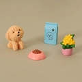 Miniature dollhouse set with apricot teddy dog, blue food bag and pink feeding bowl - Teddy Dog Combination