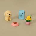 Miniature dollhouse set with yellow puppy, blue food bag, pink bowl and small potted flower - Yellow Dog Combination