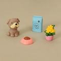 Miniature dollhouse pet set with brown dog, blue food bag, pink bowl and yellow plant - Shar Pei Combination
