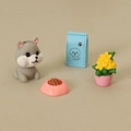 Miniature dollhouse pet set with cartoon dog figurine and pink food bowl accessories - Grey Dog Combination