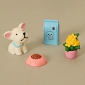 Miniature dollhouse pet set with white bulldog, food bag, pink bowl and small plant - Big Ear White Dog Combination