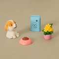 Miniature dollhouse pet set with puppy, flower pot, blue food bag and pink food bowl - Orange and White Dog Combination