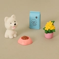 Miniature dollhouse pet set with white dog, blue food bag, and pink bowl decor - Small Pomeranian Combination
