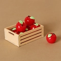 Miniature red apples with green leaves in a small wooden dollhouse display crate - Box Red Apple Style