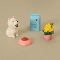 Miniature dollhouse pet set with white puppy, blue food bag, pink bowl and yellow flower - Samoyed Combination