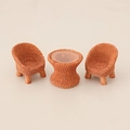 Miniature dollhouse furniture set with two caramel woven chairs and a round glass table - Table and Chairs Set