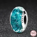 S925 sterling silver faceted teal glass charm bead with sparkling silver foil accents - Deep Sea Blue Faceted Style (SCZ030)