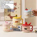 Creative 420ml ceramic mug with wavy handle, cute cartoon patterns and matching lid spoon - Wave Handle Cute Pet (953)