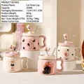 Pink ceramic 450ml cat-themed mug with cute lid and glass straw for girls - Spring Cat Lid (Cup With Lid And Straw)
