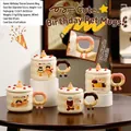 Birthday themed cream ceramic mug 400ml with animal print and cake lid design - Cherry Birthday Cake (550)
