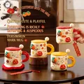 Ceramic persimmon lucky charm mug with lid and stirring spoon in a cozy home setting - Single Cup / Persimmon Good Fortune (558)