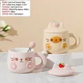 Pink ceramic mug with cat face relief, 3D strawberry lid, and spoon, 400ml capacity - Cute Fruit Style (6425)