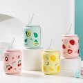 Set of four ceramic tulip cups with fruit designs and glass straws in pastel colors - Fruit Can Style (123)