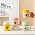 Cute yellow plaid ceramic cat mug with lid, 420ml capacity for festive home gifting - Cute Cat