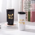 Pink God of Wealth ceramic coffee mug set with festive creative pattern 450ml - Couple To-go Coffee Cup (Y385-1)