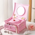 Vintage ballerina music box jewelry organizer with rotating dancer and mirror pink finish - 699 Dressing Table - Pink