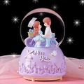 Purple crystal ball music box with miniature lovers scene and Miss You embossed base - 2341 Couple Bicycle - Purple