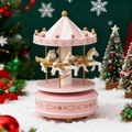 Boîte à musique carrousel rose avec chevaux dorés pour décoration de Noël de bureau - Rose étoile