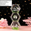 Panda themed hexagonal liquid motion timer with green fluid and floral glitters inside - Panda Hexagon Liquid Drip Ornament