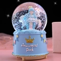 Whimsical dream snow globe music box with a girl and unicorn inside on light blue base - Automatic Snowfall + Music + Light / Princess Carousel-Blue