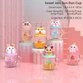 Cartoon animal glass mug set with rabbit and pig lids on a pink display stand - Single Random / Cartoon Glass Cup (2031-126) (6 Pcs/Set)