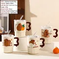 Cute Capybara ceramic mug set with wavy handle, glass straw and clear dustproof lid - Capybara Straw Cup