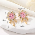 Elegant gold-plated pink zircon bow earrings with floral accents, size 32mm by 16.6mm - 14K Gold Oval Pink Gem Style (CGZKH66)
