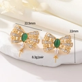 Fashionable golden bow earrings with green opal and white zircon tassels for women - 14K Gold Cat Eye Stone Bow Style (WX21895)